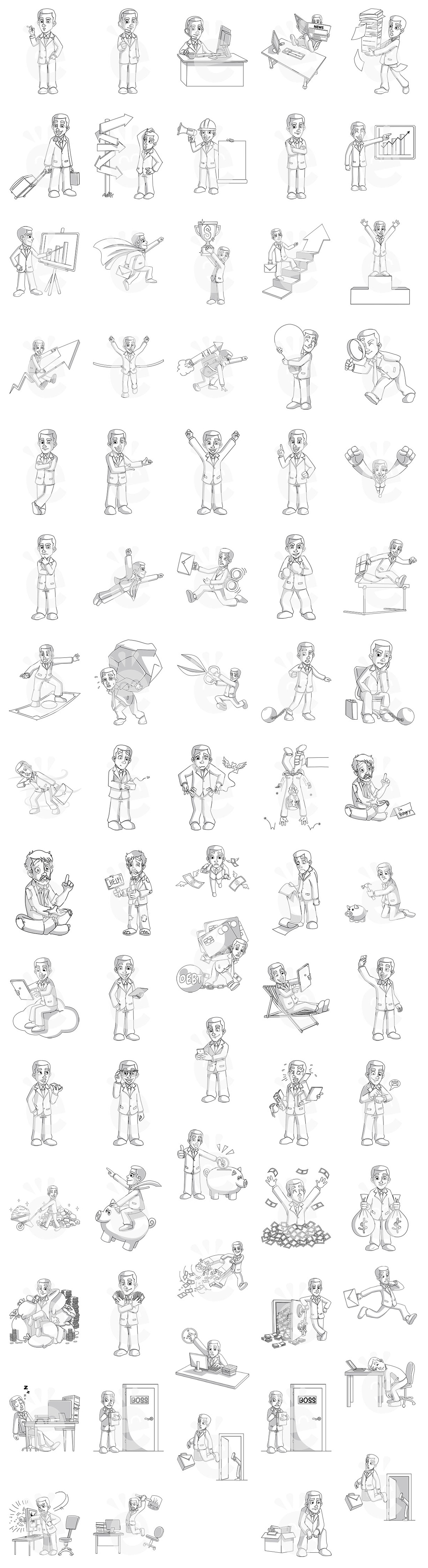 Black & White With Shade Preview Of The 72 SVG Poses Of Samuel The Black Businessman