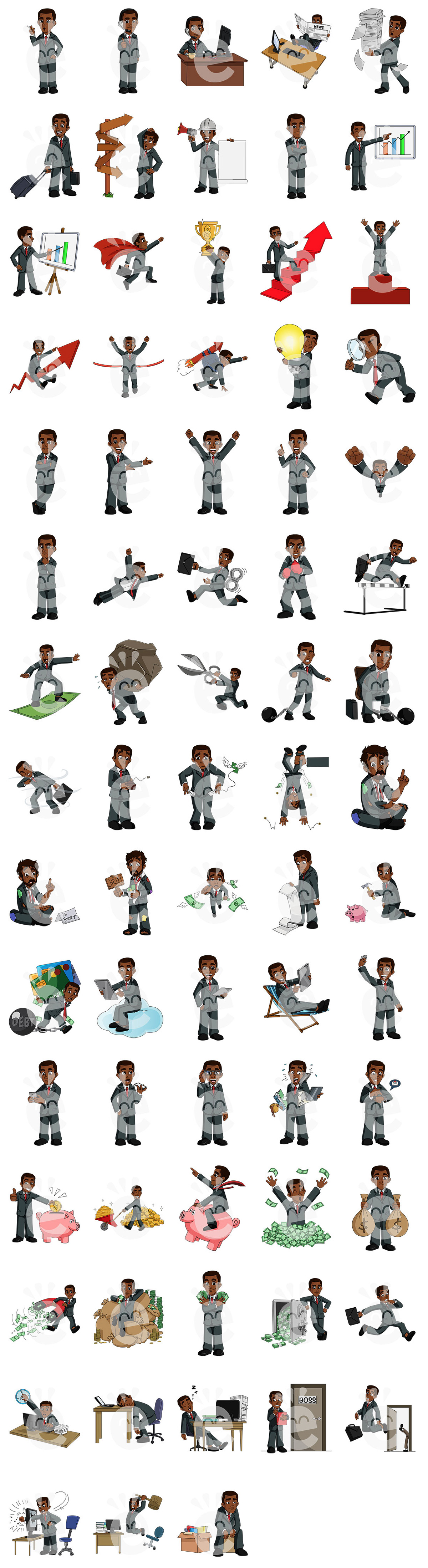 Color Preview Of The 72 SVG Poses Of Samuel The Black Businessman